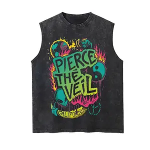 Pierce The Veil Band Unisex Vintage Washed Cotton Vest, Retro Band Print Sleeveless Shirt, Casual Regular Fit, Perfect Boyfriend Gift