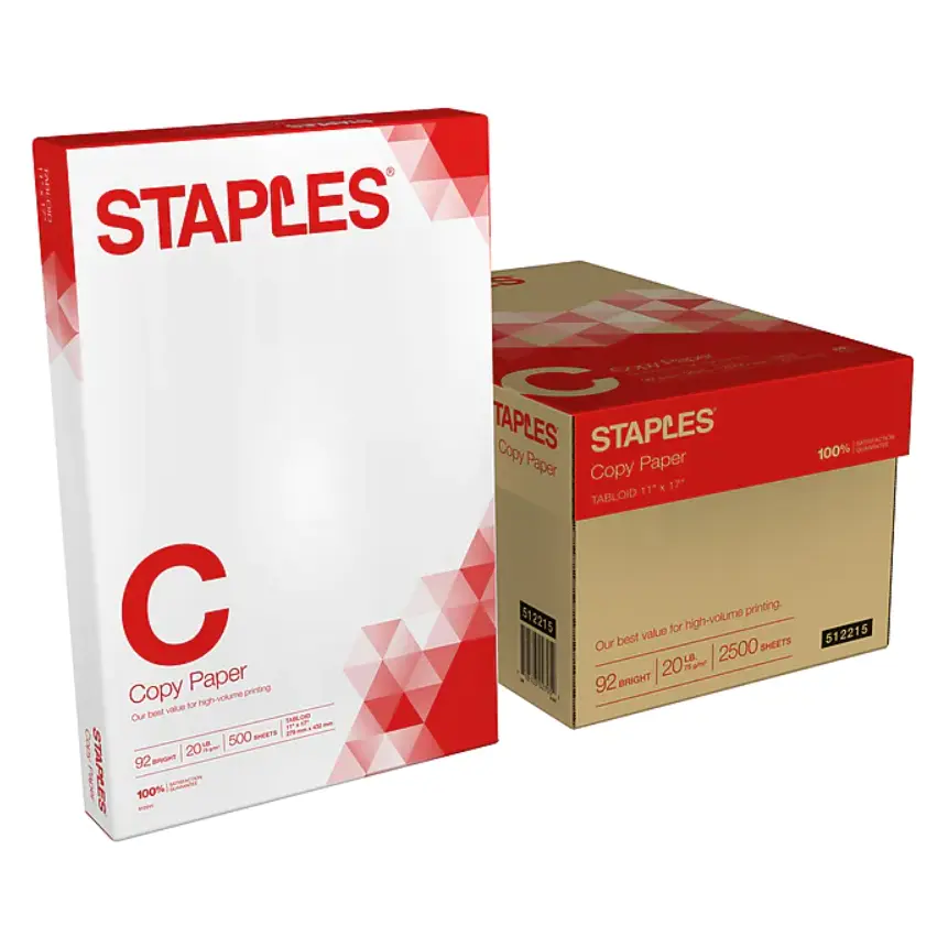 Staples Copy Paper, 11" x 17", 20 lbs., White, 500 Sheets/Ream, 5 Reams/Carton (512215)