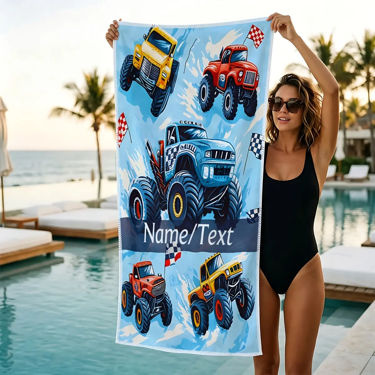 Customizable Cartoon Truck Beach Towel - Personalized Name/Text, Lightweight And Quick-Dry, Featuring Vibrant Cartoon Truck Design, Ideal for Beach, Pool, Travel, Camping, Yoga, Shower, Sunbathing - Perfect Gift for Family Or Friends