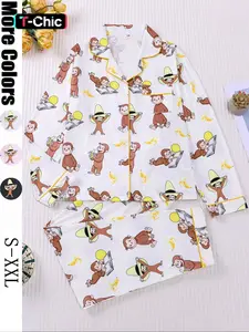 Women's Monkey Banana Print Pajama Set Pjs, Comfortable Long Sleeve Button Shirt & Elastic Pants, Casual Home Wear Loungewear for All Seasons