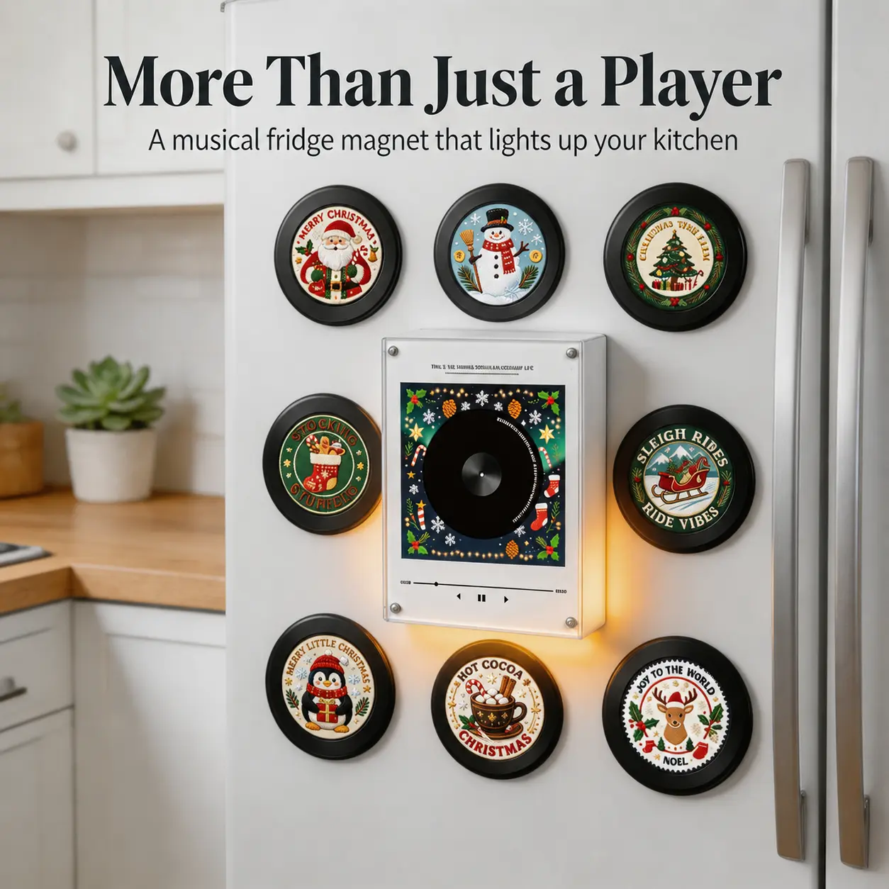 NFC Magnetic LED Rotating Vinyl Disk Music Box Fridge Magnet with 9 Custom Vinyl Records, Christmas Aesthetic Home Decor, Decoration with LED Lighting