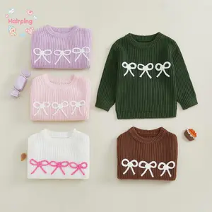 Newborn Girl Sweater, Casual Bow Embroidery Warm Knitted Long Sleeves Pullover, Infant Knitwear for Toddler, Casual Baby Girls Sweater