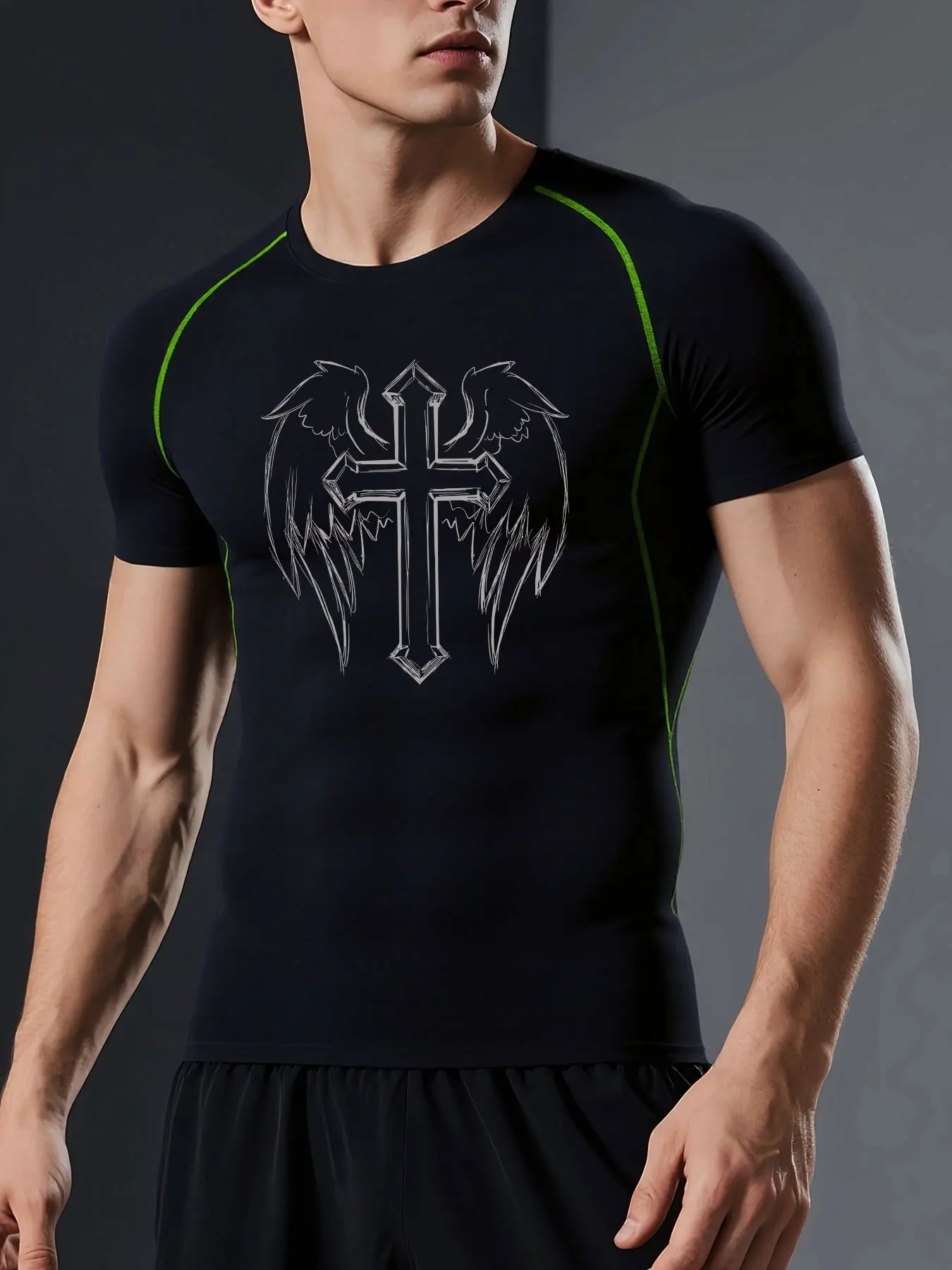 Men's Compression Short Sleeve Shirt, Cross Wing Print, Breathable Quick-Dry Fabric, Ideal for Running & Training, Sportswear