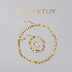 The necklace is 19.6 inches long【FOLYSTUY (Y154)】The paperclip necklace, bracelet and ring are suitable for both men and women, and can be paired with a lobster clasp