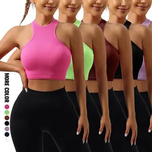 Women's Ribbed High Neck Seamless Sleeveless Quick-Dry Sports Bra & Cropped Tank Top - Naked-Feeling Soft Breathable Shapewear Activewear for Gym, Yoga
