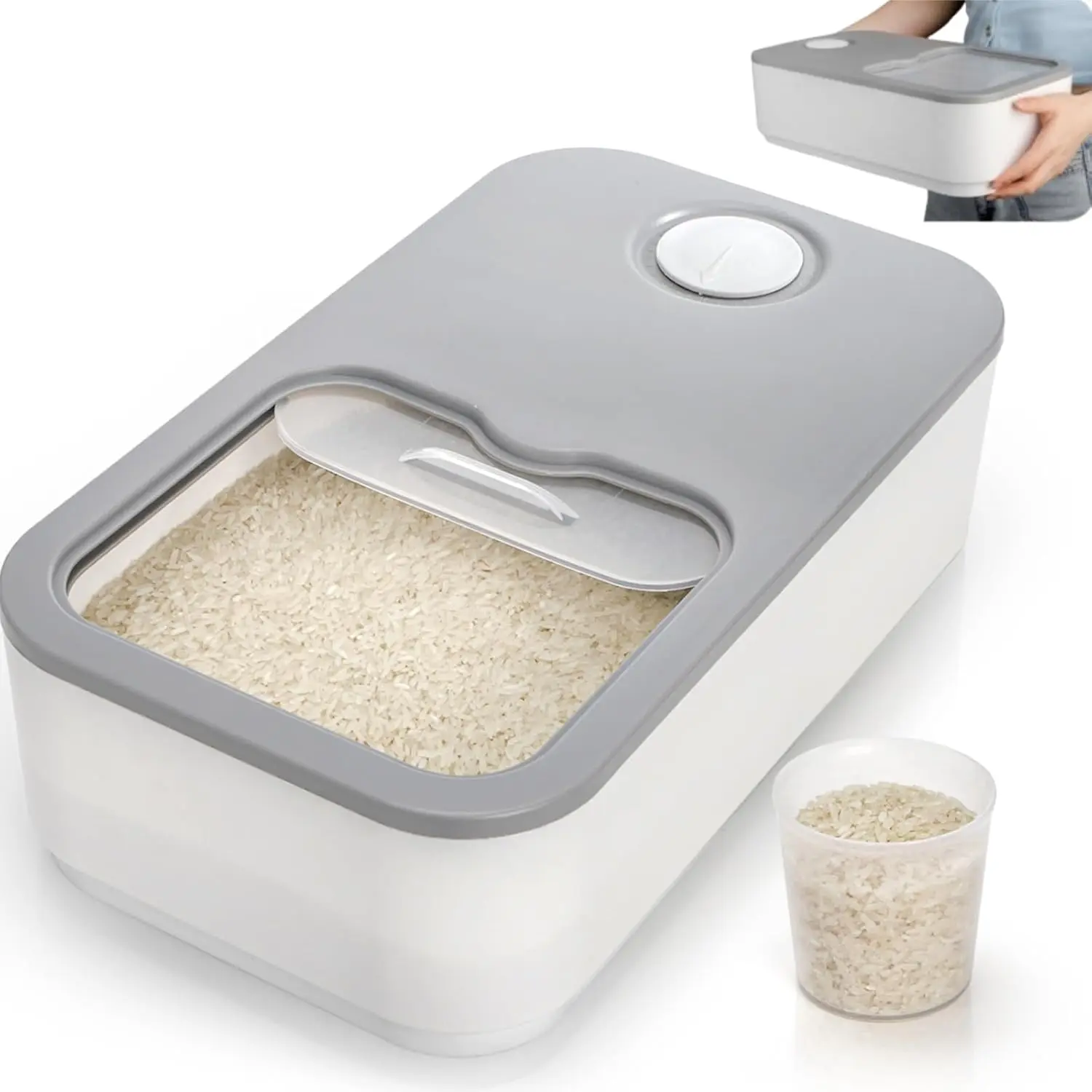 Rice Container, 11 Lbs Airtight Rice Dispenser with Measuring Cup, Dry Food Box with Lid, Flour Bin Pet Food Container, Organizer for Grain Cereal, White