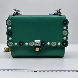 Pre-owned FENDI Calfskin Crossbody Bags Kan I Small Embellished Blooms Green