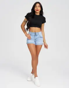 Roswear Women's High-Waisted Stretch Denim Shorts - Cuffed Summer Jean Shorts for Casual Outfits, Weekend Looks, and Everyday Wear
