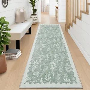Garvee Washable 2x6 Runner Rugs for Bathroom Floral Kitchen Rug Neutral Scalloped Carpet, Non-Slip Hallway Rug Stain Resistant Modern Low-Pile Carpet for ‎Laundry Bedside Entryway(2x6 ft,Green)