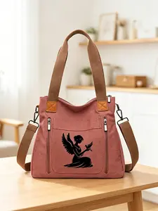 Vintage Angel Dove Print Tote Bag for Women, Large Capacity Crossbody Backpack, Travel & Daily Use, Casual PU Material