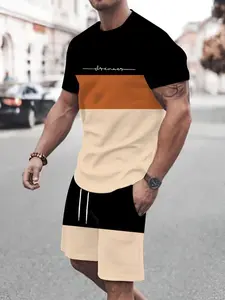Men's Summer Tropical Casual Two-Piece Set, Outfit, Top, Menswear, Short Sleeve Crop Tee & Track Shorts, Geometric Pattern, Fitted Style, Fashionable Sportswear