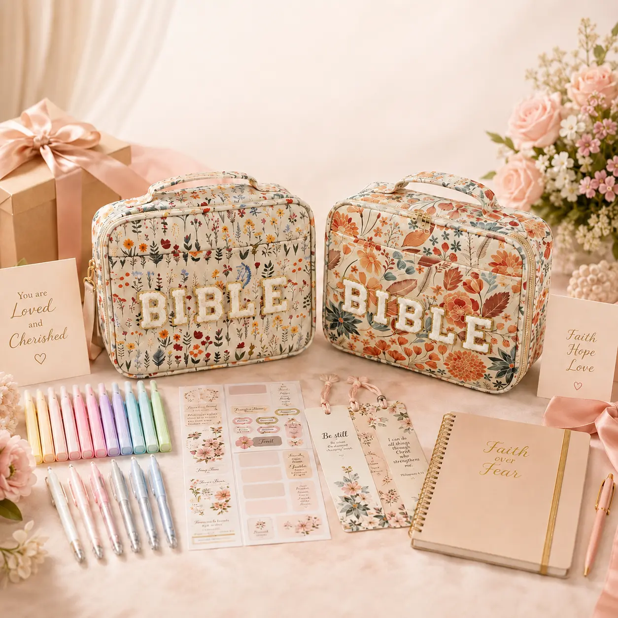 Women's Durable Gingham Fabric Dustproof Christian Bible Bag, Floral Bible Case and Bible Cover with Handle for Church, Devotion Study, Journaling and School Supplies, Thoughtful Gift for Her, Dorm Essentials, College Dorm Essentials