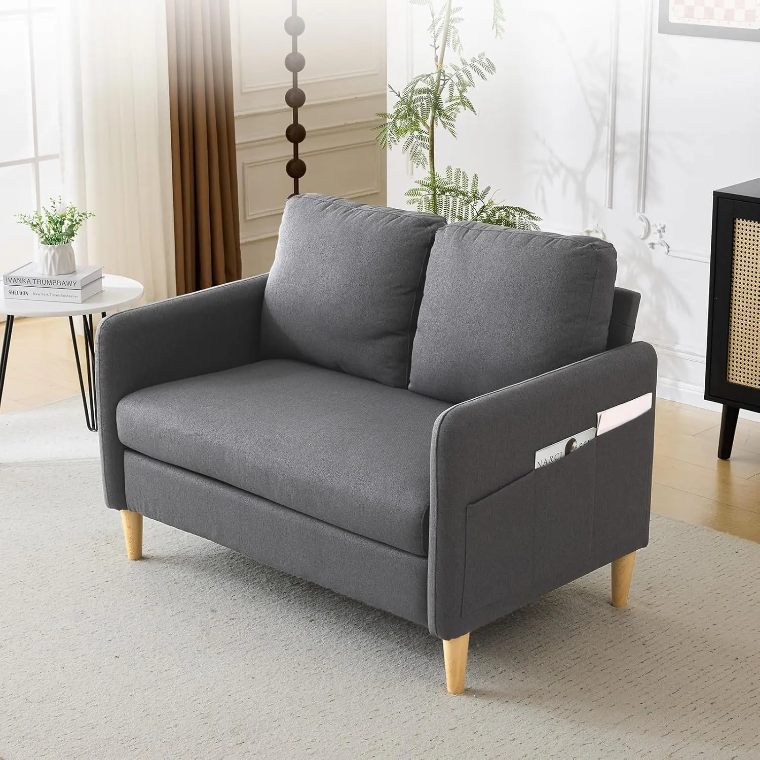 VINGLI 47" Midcentury Modern Durable Indoor Couch, Nylon Cloth Plush Loveseat Sofa with 48.8x30.3" Size, Side Storage, Dustproof, Easy Assembly for Small Spaces - Living Room, Bedroom, Sturdy, Comfy Couch