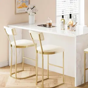 Set of 2 Bar Stools, High Back Counter Height Bar Stools with White Velvet Upholstery & Gold Metal Legs, Soft Padded Kitchen Island Stools, Bar Chairs for Home Bar (White & Gold)