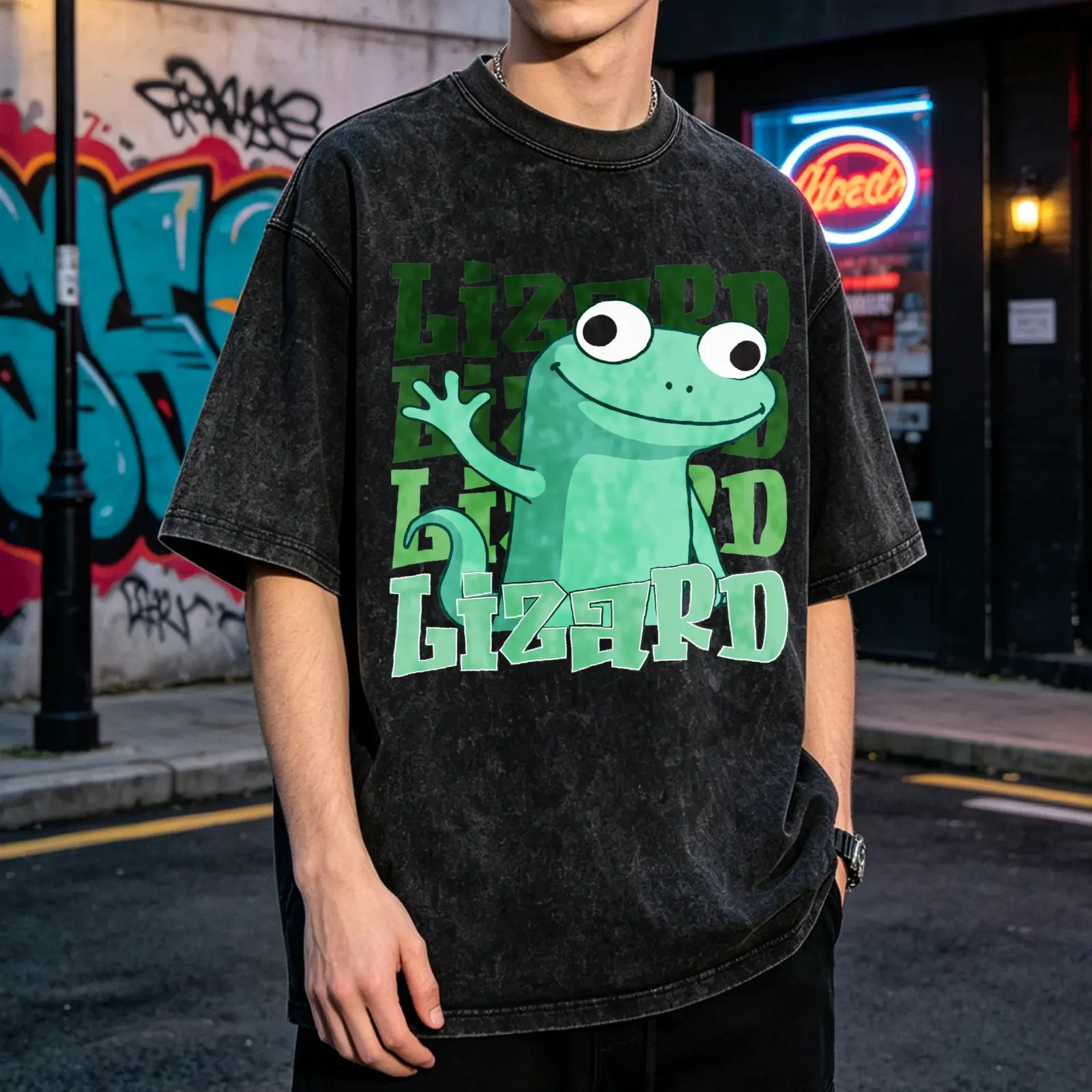 Lizard Wave Green Men's Vintage Washed T-Shirt Lizard Cartoon Green Wave Pattern Oversized Graphic Tee Outdoor Casual Short Sleeve
