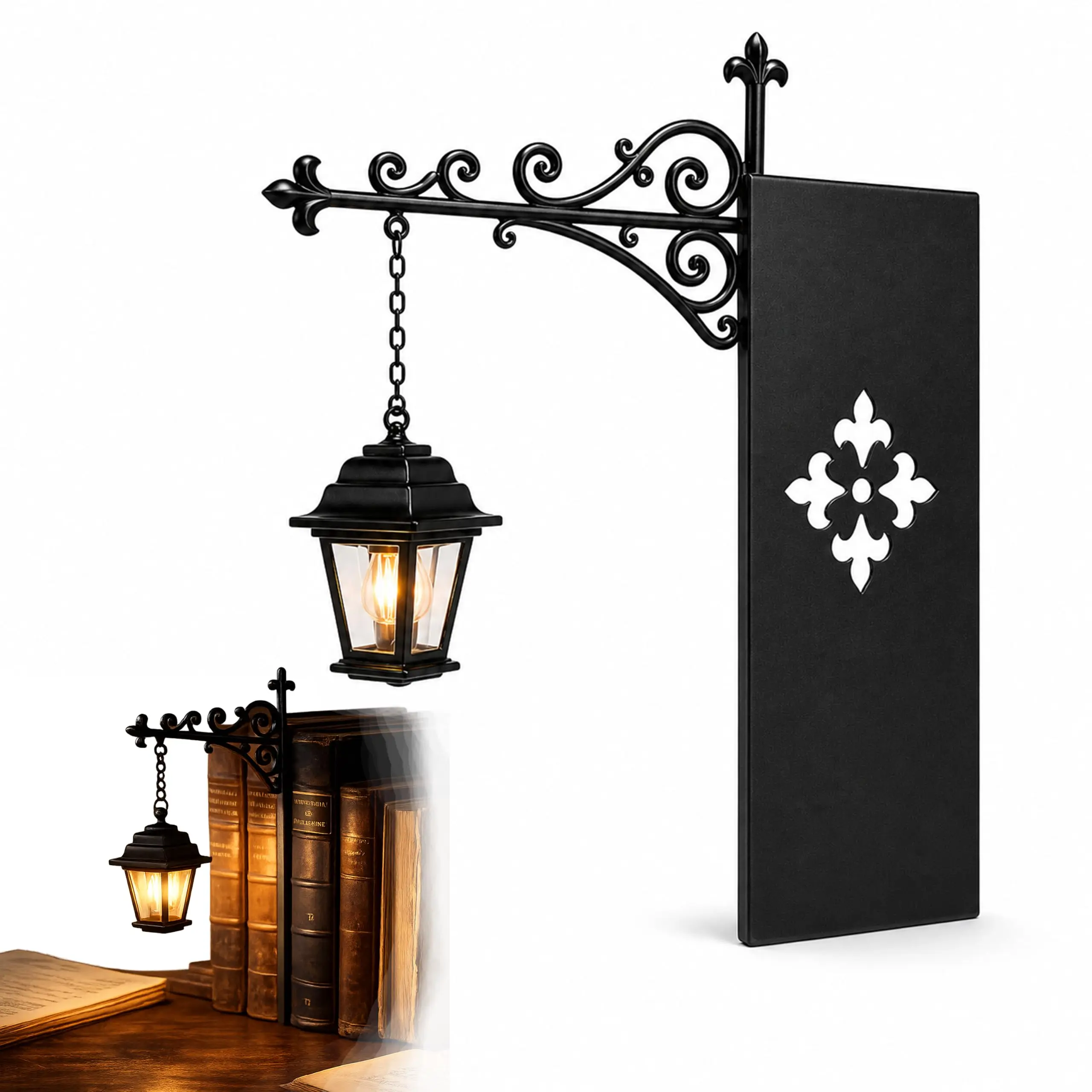 Library Lantern Bookshelf Lamp, Vintage Hanging LED Bookshelf Lights with Bookend-Style Base, Warm Decorative Bookshelf Lighting for Book Nook, Home Library, Study and Reading Corner
