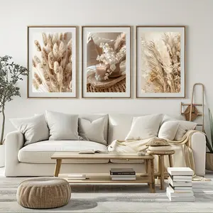 Three Pieces of Frameless, Minimalist Beige Plant Triptych, Printed Oil Painting Canvas Posters, Fresh Wall Art Prints, Home Decor for Living Room, Bedroom, Study Wall, Wall Decoration, Room Decor, High-Quality Prints.