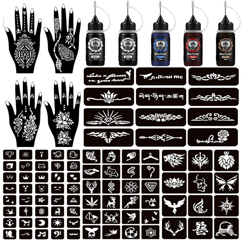 Temporary Tattoo Kits Henna kit 5 Inks 96 Stencils Cosmetic Grade for Women Men Kids DIY Art Painting Party Gifts Makeup
