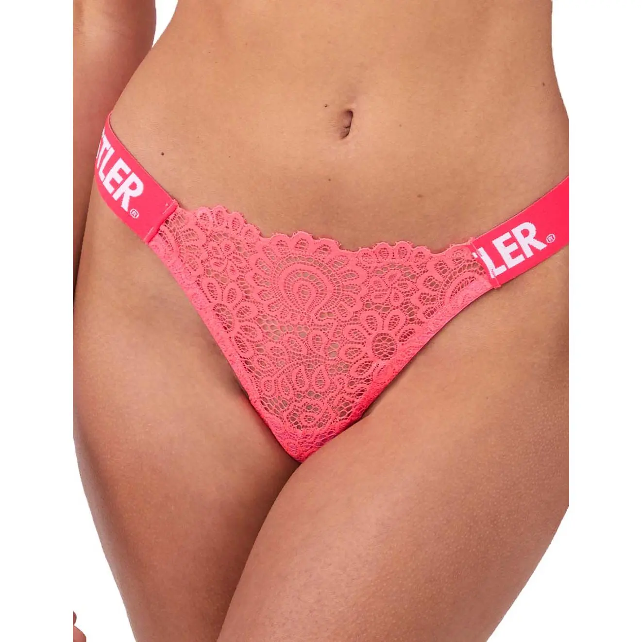 HUSTLER® Logo Lace Thong Neon Pink