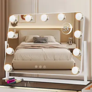 Hollywood Lighting Makeup Mirror with light, with removable 5x magnifying glass, 11 LED bulbs 360° rotatable, 3 color lighting modes, suitable for bathroom, desktop or wall-mounted, touch control