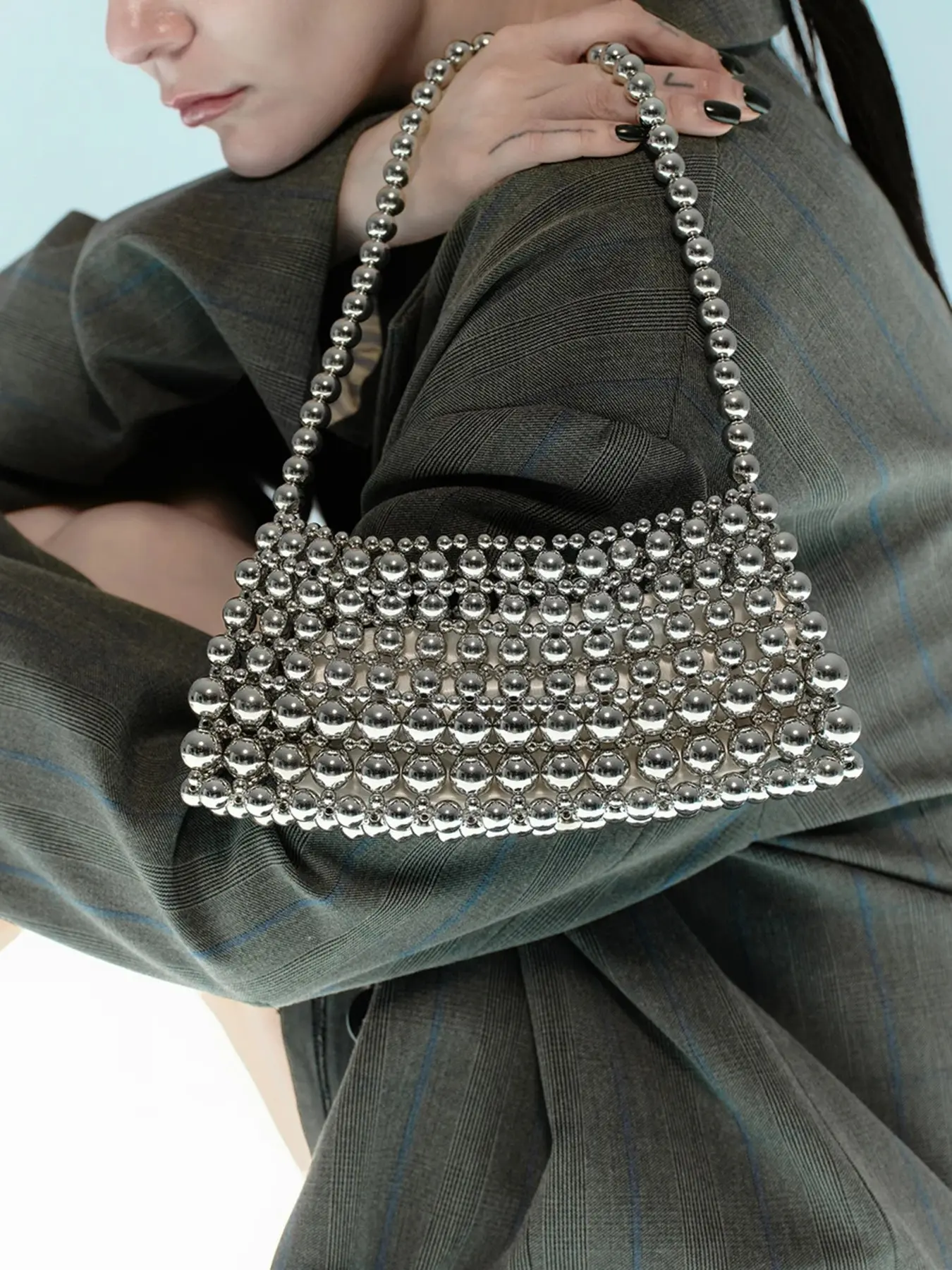 Trendy Silver Beaded Mesh Tote Bag, Handmade Hollow Out Underarm Bag with Beaded Chain, Chain Crossbody Bags, Sparkly Glitter Party Evening Shoulder Bag for Women, Aesthetic Shoulder Handbag, Casual Crossbody & Versatile Daily Use Handbag, Fashionable Bag
