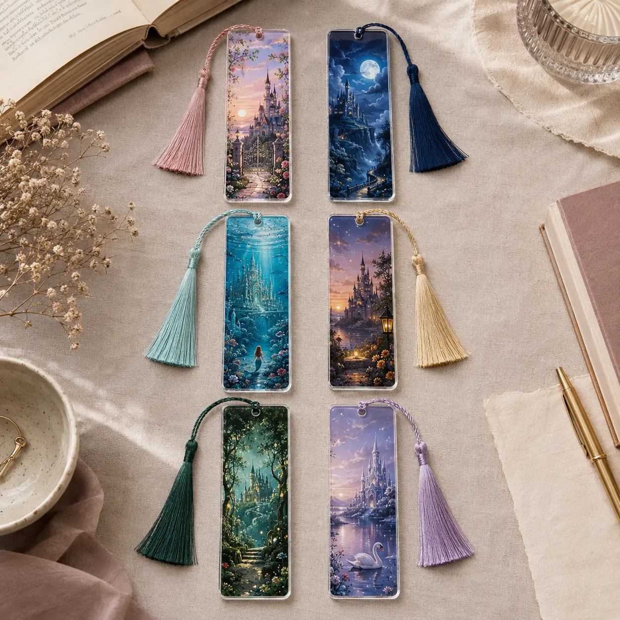 Fairytale Castle Acrylic Bookmark Bundle | Magical Kingdom Fantasy Reading Accessories for Booktok | Enchanted Forest Princess Bookish Gift | Romantasy Reader Merch Tassel