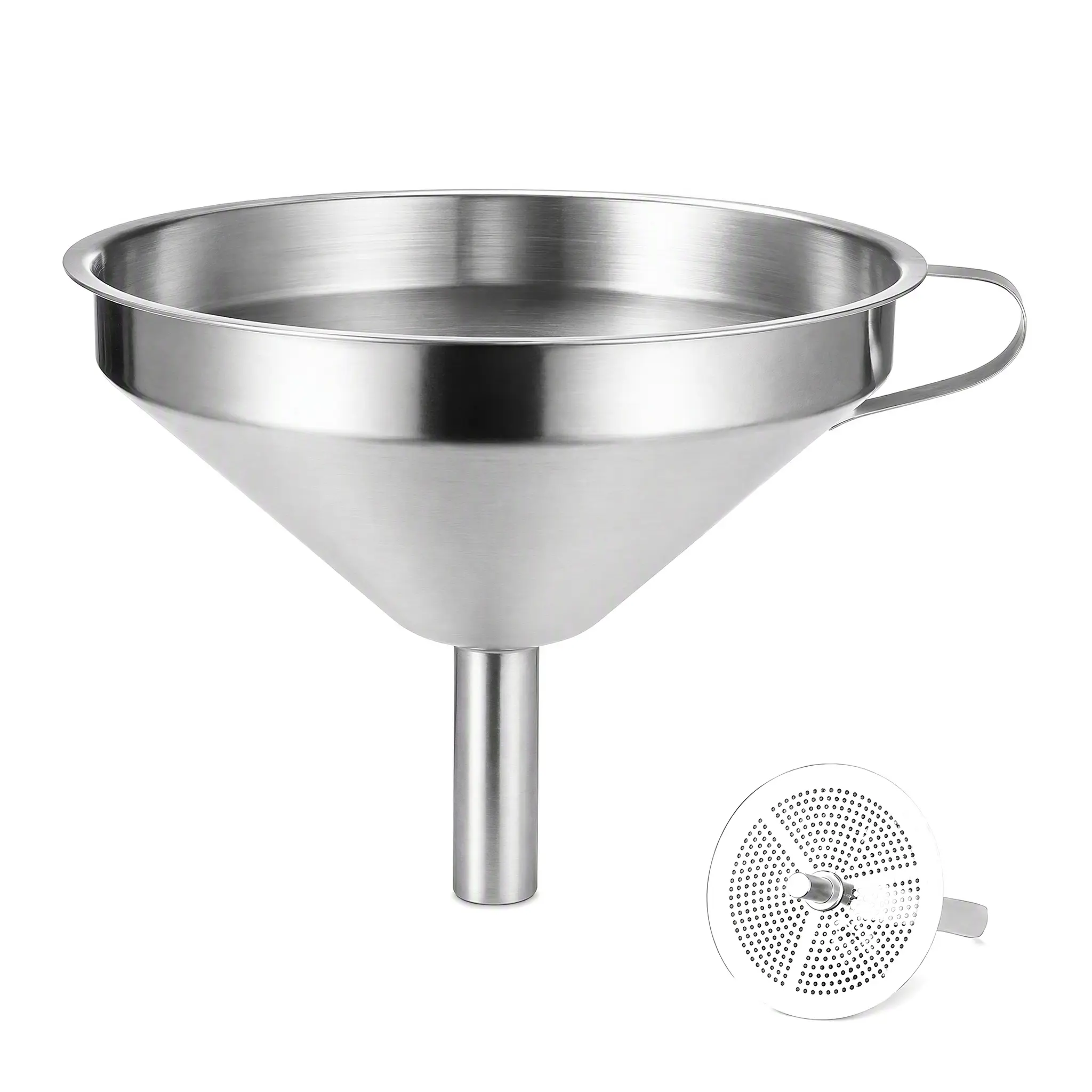 Stainless Steel Kitchen Funnel with Removable Mesh Strainer & Side Handle, Food Grade Metal Funnel for Transferring Oil Wine Vinegar Juice, Spill-Free Liquid Pouring Tool for Home Cooking Canning Bottling Easy Clean Storage