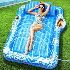 Inflatable Tanning Pool Lounger Float with Sprinkler, 78"x50" Large 2-Person Pool Float Adults with Backrest Cup & Food Holder Blow Up Tanning Bed for Summer Pool Beach Party (Pink/Blue)