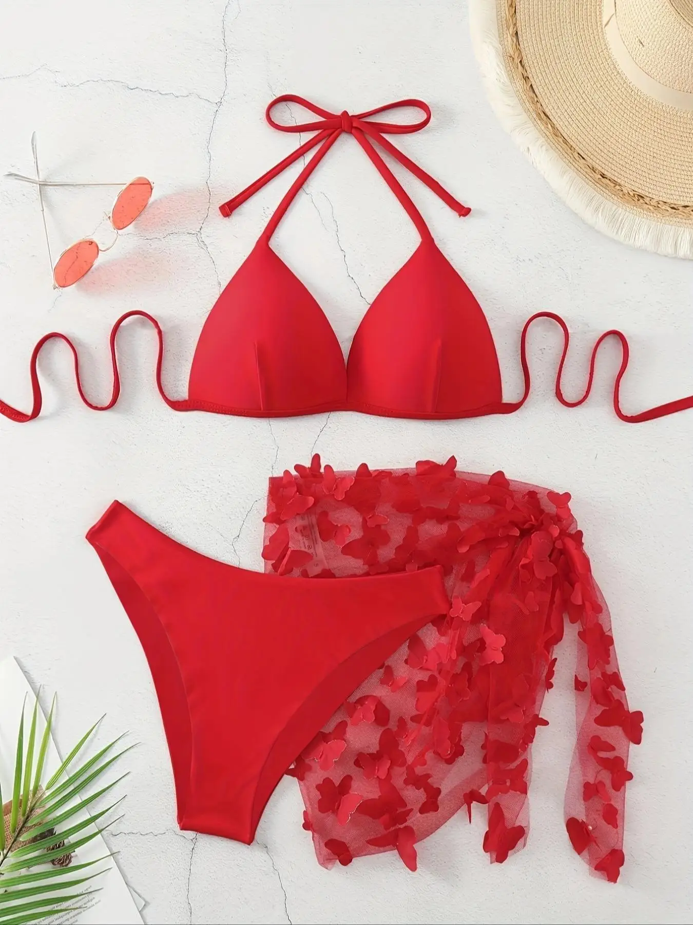 Three-Piece Set Women's Appliques Bikinis Set, Swimsuit Sets Bathing Suits, Pool Bikini, Tie Back Halter Triangle Swim Bra & High Cut Swim Bottom & Ap