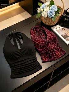 Elegant Leopard Print V Neck Two-Piece Set, Slim-Fitting Sleeveless Top & Skirt, Spring Summer Fashion Women's