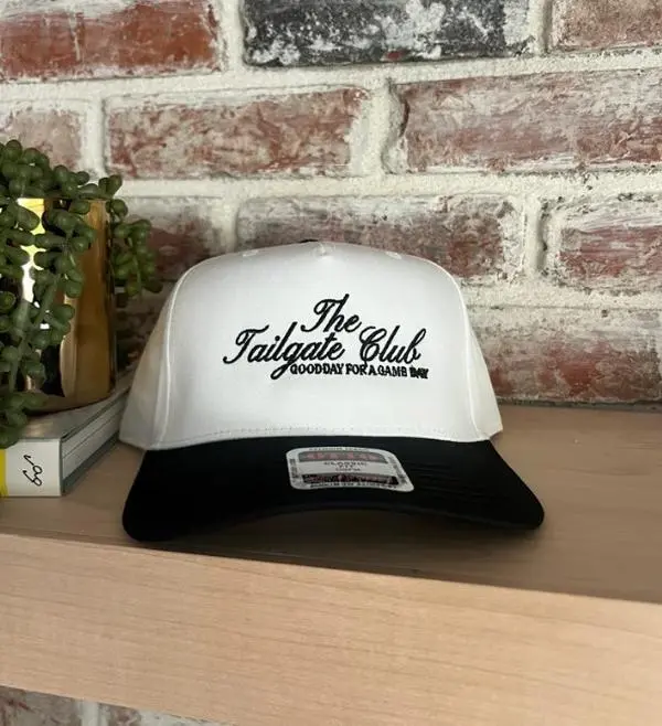 The Tailgate Club Trucker Hat - Embroidered Game Day Cap for Men & Women, Retro Black & White Sports Cap, Adjustable Fit, Fall Gameday Gift