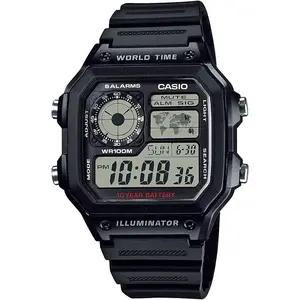 Casio AE1200WH Series | Men’s Digital Watch | 100M WR | Multi Alarms | 100 SEC Stopwatch | Countdown Timer | World Map for World Time | LED Light | LC Analog Display | 10 Year Battery
