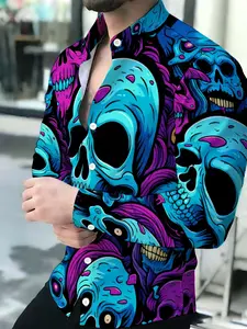 Men's Blue Purple Skull Pattern Breathable Lapel Long-Sleeve Cardigan