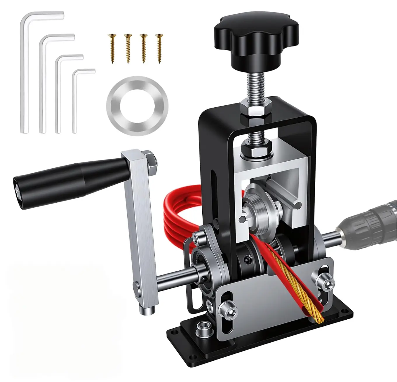 AKOO Heavy Duty Wire Stripping Machine - Drill-Powered Specialty Hand Tool, 0.06"-1" Cable Compatibility, Up to ø3/4" Wires, Quick-Change Blade, Aluminum Alloy Frame, Scrap Cable Removal & Cutting
