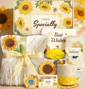 Coralogo Sunflower Spa Gift Basket for Women - 10pc Self-Care Package with Knit Blanket, Scented Candle, Greeting Card - Cheerful Sunshine Gifts for Mom Women Birthday Mothers Day, Thinking of You