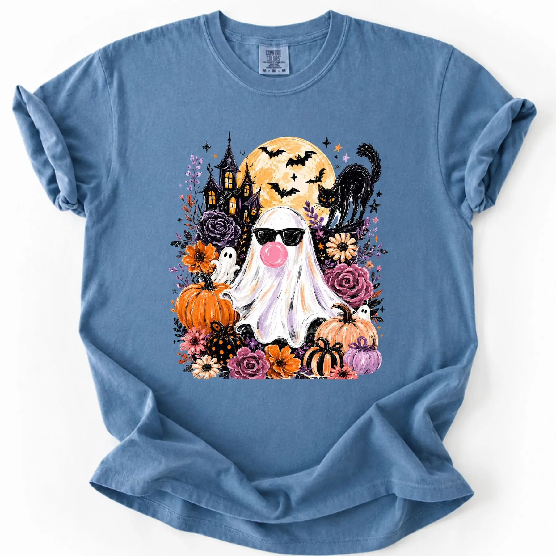 Comfort Colors Cute Bubblegum Ghost Halloween Shirt, Coquette Spooky Floral Graphic Tee, Black Cat Pumpkin Fall Shirt, Ghost Lover Gift
