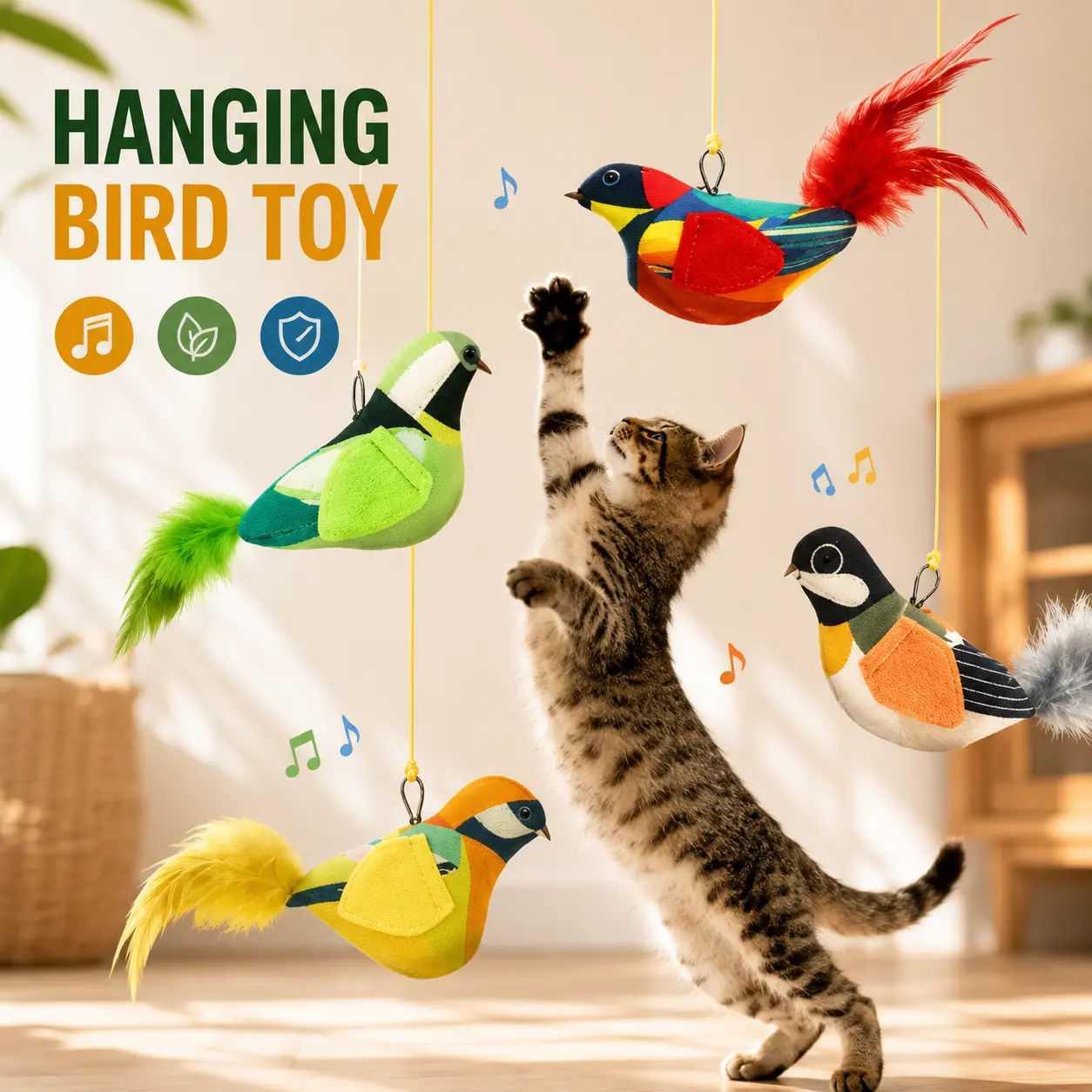 Interactive Cat Toy, Electronic Chirping Bird Cat Toy, Sound & Touch Activated Kitten Teaser with Lifelike Standing Bird Design, Fluffy Feathers, Stress Relief Toy for Indoor Cats, Birthday Gift