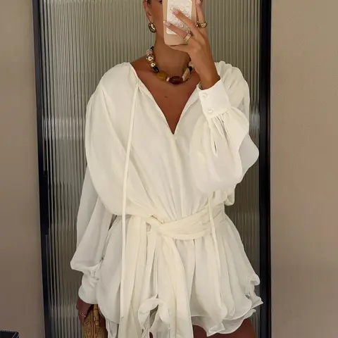French Style Fashionable and Comfortable V-Neck Lantern Sleeve Long Sleeve Casual Loose Shirt Dress, Elegant Women's Tie Waist Ruffle Hem Dress, Fashionable and Comfortable Blouse Dress, Casual Chic Dress
