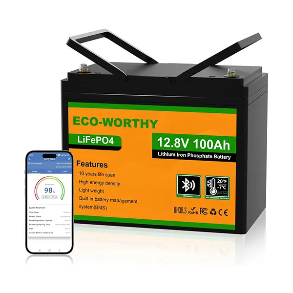ECO-WORTHY 12V 100AH LiFePO4 (Lithium Iron Phosphate) Battery - FC Certified, ROHS Compliant, 1280Wh High Energy Density, 100A BMS, Bluetooth Monitor, Low Temp Protection, Group 24 for Boat, RV Solar Power Systems