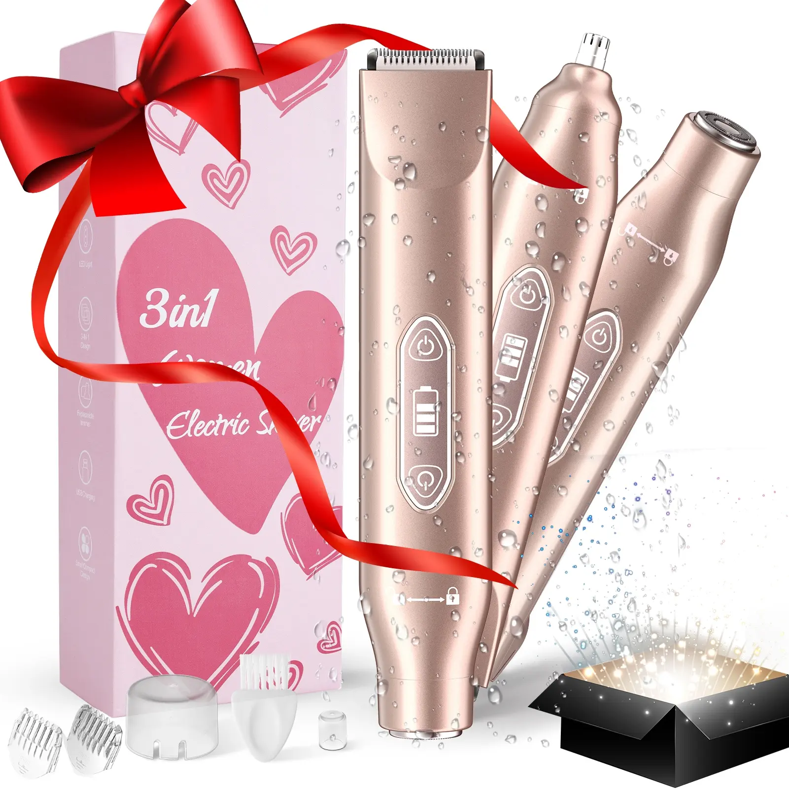 3 in 1 Women's Bikini Trimmer - IPX7 Waterproof Wet & Dry Razor for Shower & Travelling, Double Heads Painless Trimming for Pubic, Facial, Armpit & Nose Hair, Halloween Gift Christmas Gift New Year's Gift
