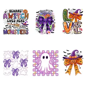 6pcs Halloween Ghost Bow Pumpkin Heat Transfer Stickers, Washable Iron-On Patches for T-Shirts Canvas Bags Pillows, DIY Clothing Decorations