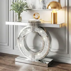 Crushed Diamond Console Table, Silver Mirrored Sparkling Table for Foyer, 5mm HD Mirror with Diamond Refraction, Sturdy Full Ring Crystal Base for Living Room Entryway