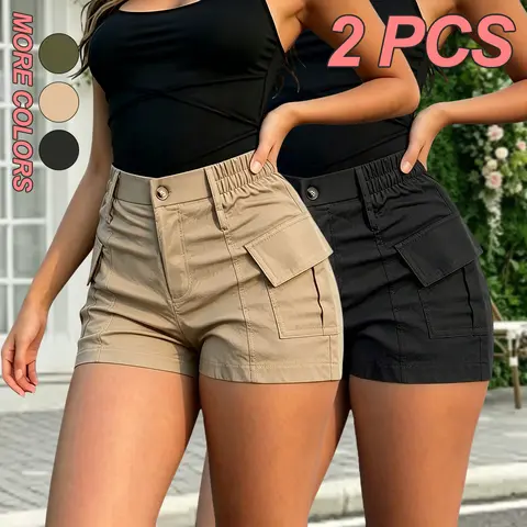 Women’s summer American vintage high-waisted cargo shorts with elastic side waistband, featuring a 3D large pocket design that adds a stylish touch; straight-leg shorts that create a taller, slimmer look; versatile for commuting, outdoor activities, and t