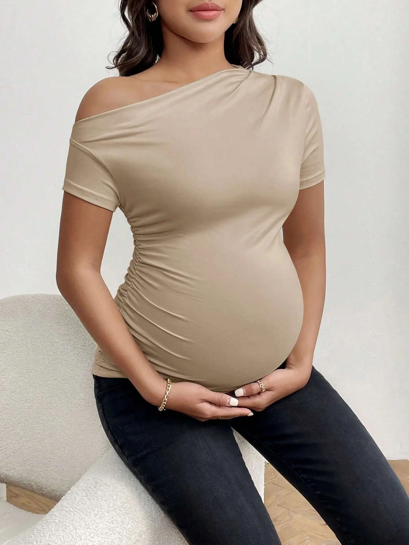ZESTY MATERNITY Maternity Solid Color Asymmetrical Shoulder Fitted T-Shirt Pregnancy Top Everyday Wear Casual Chic Stretchy
