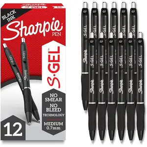 Sharpie S-Gel Gel Pens 12 Count Medium Point (0.7mm) with Contoured Rubber Grip, No Smear, No Bleed Technology, Black Barrel, Black Gel Ink