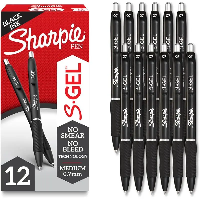 Sharpie S-Gel Gel Pens 12 Count Medium Point (0.7mm) with Contoured Rubber Grip, No Smear, No Bleed Technology, Black Barrel, Black Gel Ink