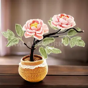 Handmade Crochet Peony Flower Bonsai Tree Pot: Cotton Yarn Home Decor | Pink | White Decorative Fruit