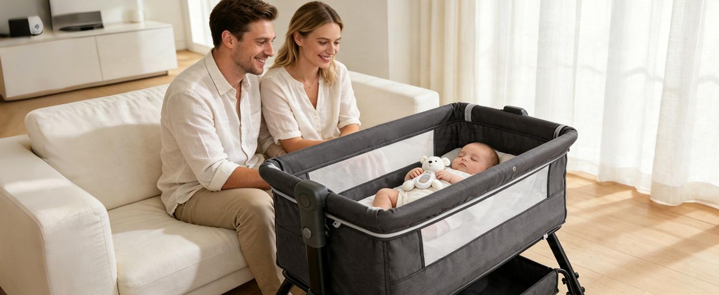 【SummerVibes】 Portable Baby Bed 6-in-1 - Foldable Crib w/ 6 Height Adjustments, Bedside Sleeper, Rocker & Bassinet + Storage Basket & Mattress & Ultra-Quiet Wheels , Nursery Must-Have Folding Sleeping Cot