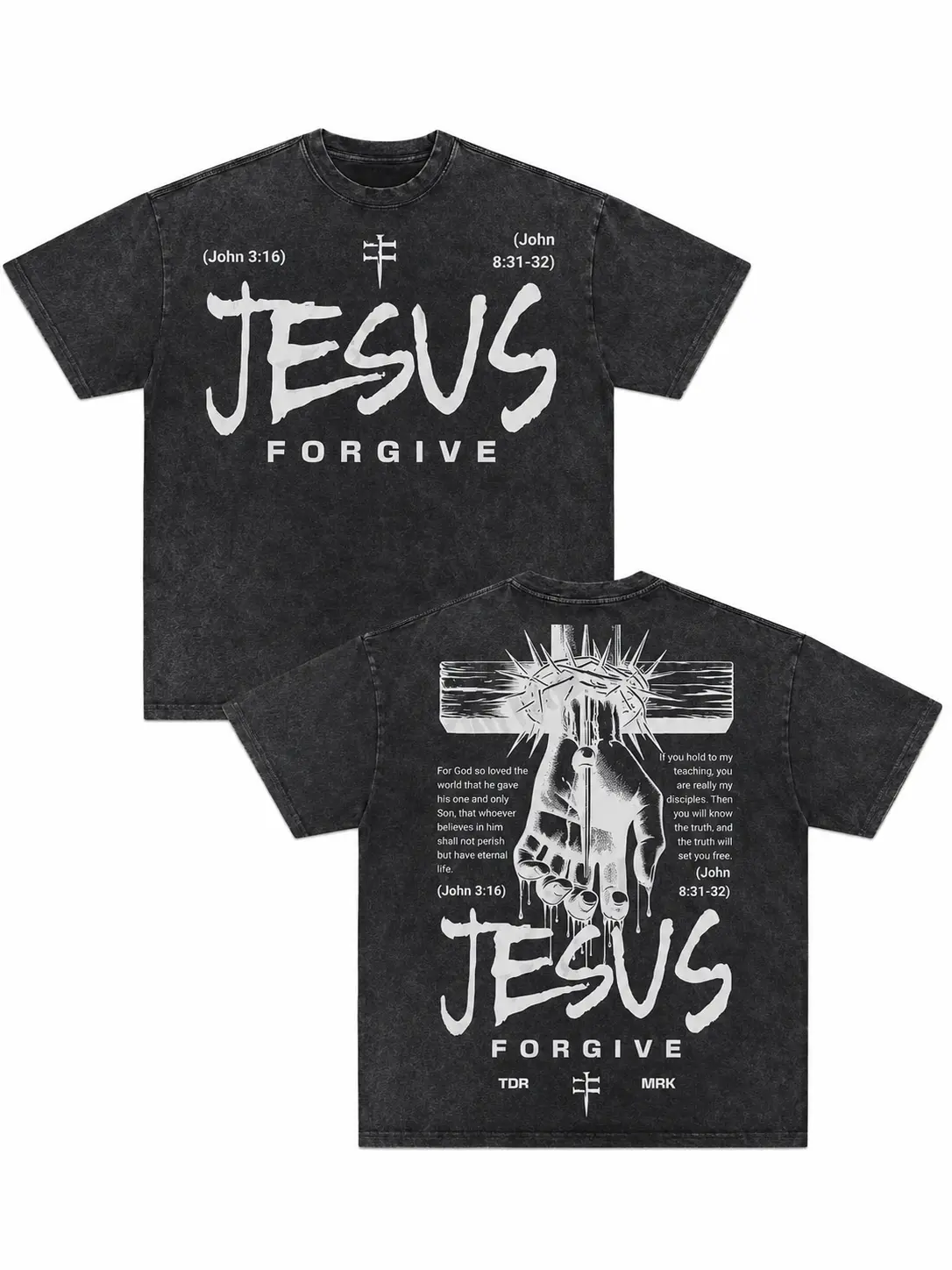 Vintage Jesus Forgive Graphic Tee Men Christian Bible John 3:16 Cross Crown Of Thorns Print T Shirt Retro Streetwear Loose Black Faith Religious Short Sleeve Shirt Y2K Goth Aesthetic Faith Apparel
