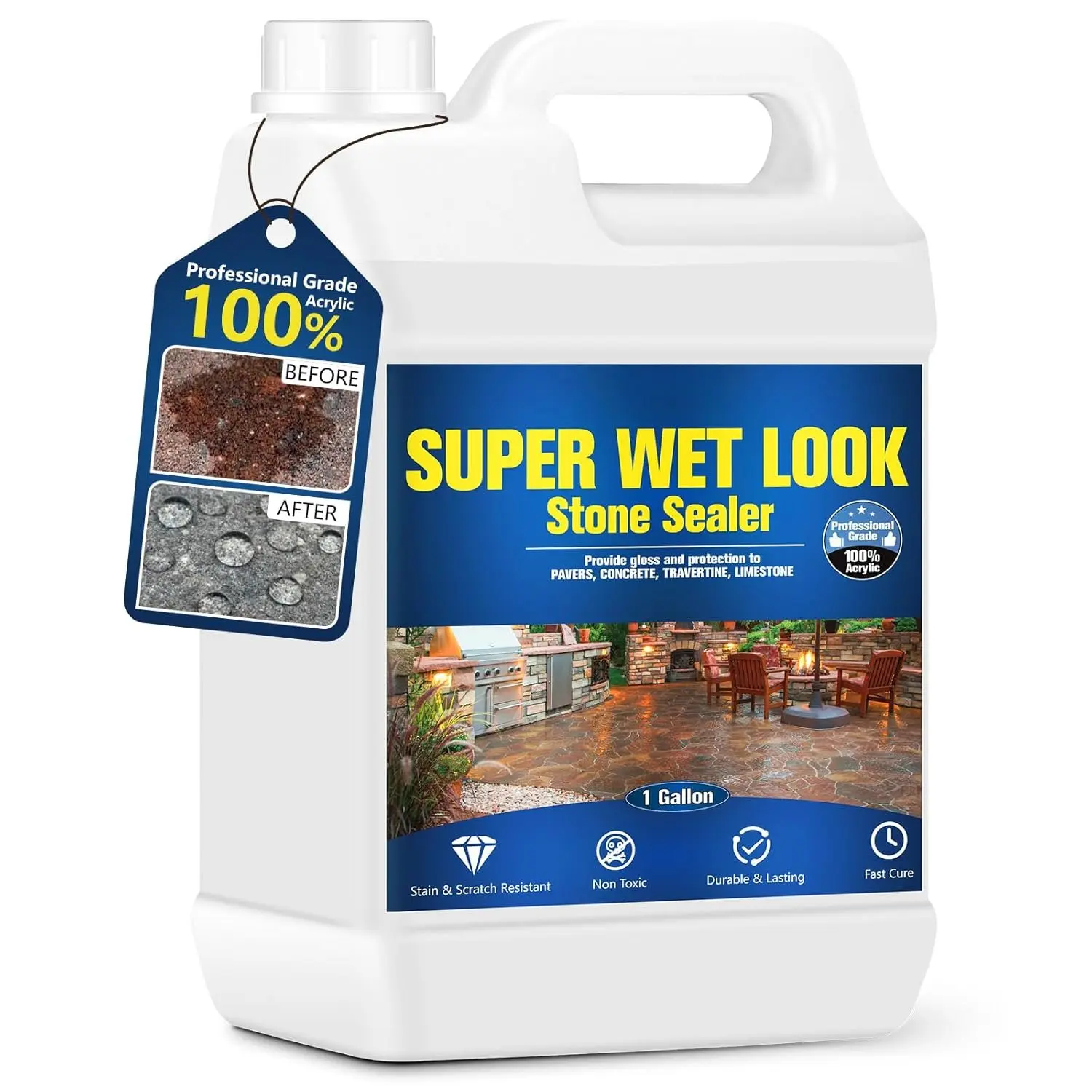 Super Wet Look Stone Sealer-1 Gallon, Durable & Long-Lasting Protection with High Gloss Finsh, Stain Proof, Against Water  & Dissolved Salts  Stone Sealer for Sandstone, Driveways